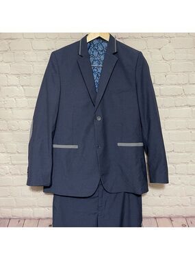 Tazio 3 Piece Skinny Fit Suit - Lightly Textured Blue/Gray Sz16 (teen)